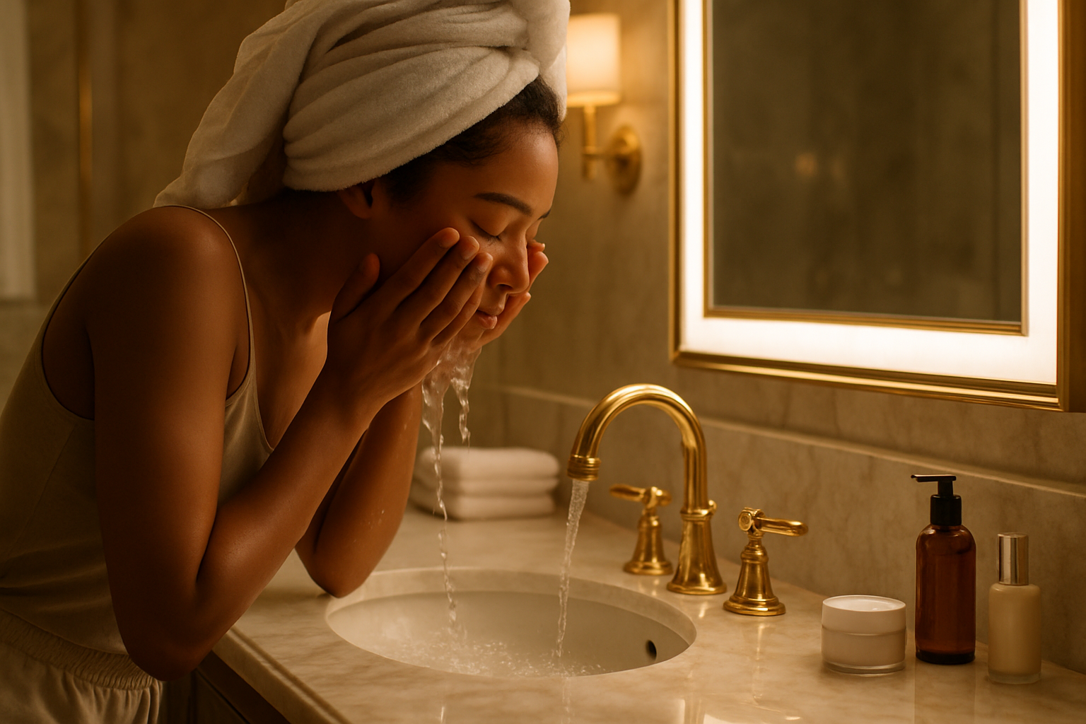 Generate an image of a young lady with medium brown skin washing her face in her luxury bathroom
