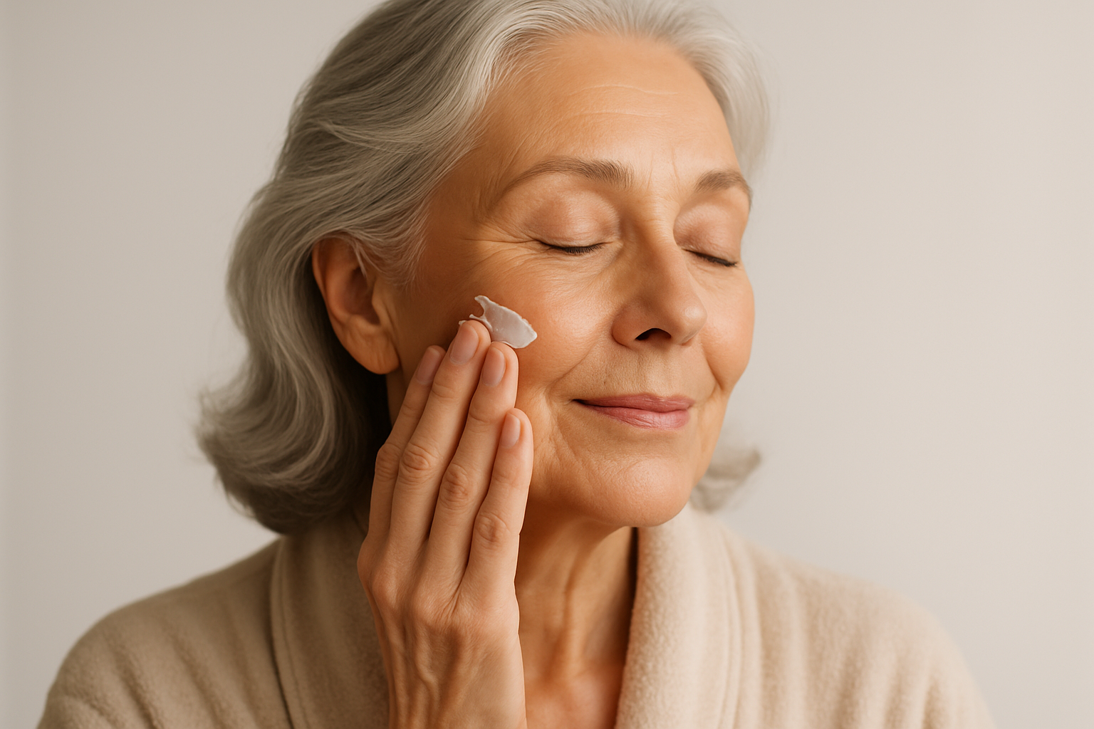generate an image of an older woman with well taken care of skin applying moisturizer to her face